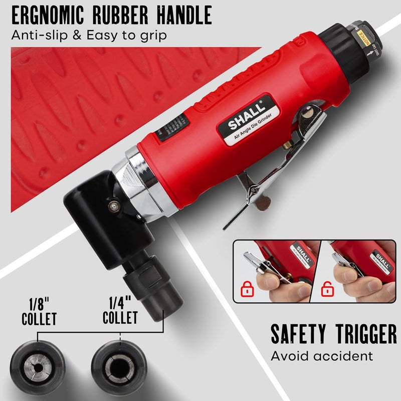 SHALL Right Angle Die Grinder, 90 Degree, 1/4" & 1/8" Collets, 24PCS Sanding Discs, Air Connector, Lubricant and Chuck Key Included, for Grinding, Polishing, Deburring, Engraving and Rust Removal - Image 4